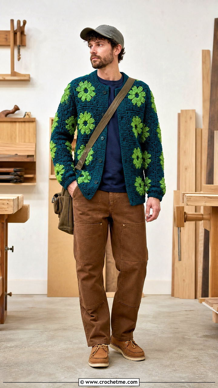 Floral Motif Crochet Sweater With Workwear Pants - 35 men crochet sweater outfit ideas