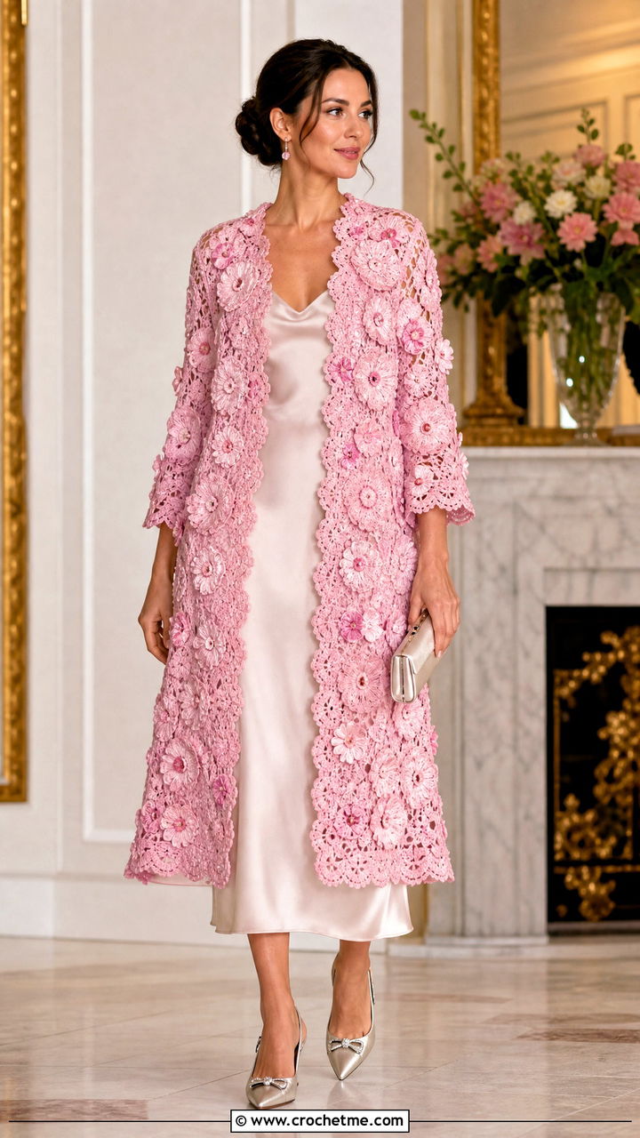 Floral Motif Crochet Swing Coat With Slip Dress - 35 crochet coat outfit ideas