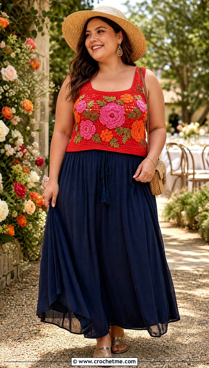 Floral Motif Crochet Tank Top With A Maxi Skirt - 25 plus size crochet tank top outfit ideas