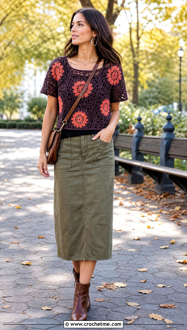 Floral Motif Crochet Tee With Utility Skirt - 35 crochet tee outfit ideas