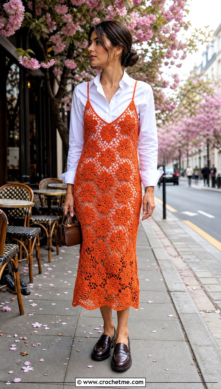 Floral Motif Crochet Thread Slip Dress With White Shirt - 25 Crochet Thread Dress outfit ideas