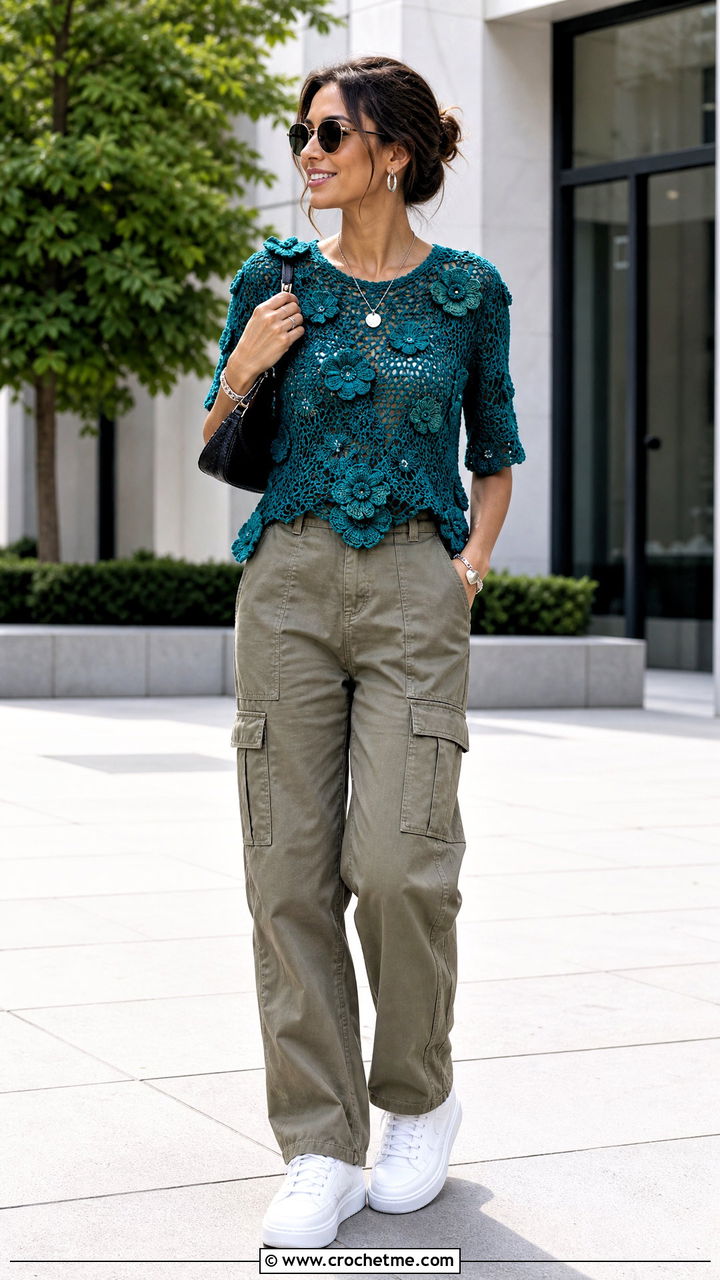 Floral Motif Crochet Top With Cargo Pants - 35 lace crochet top outfit ideas