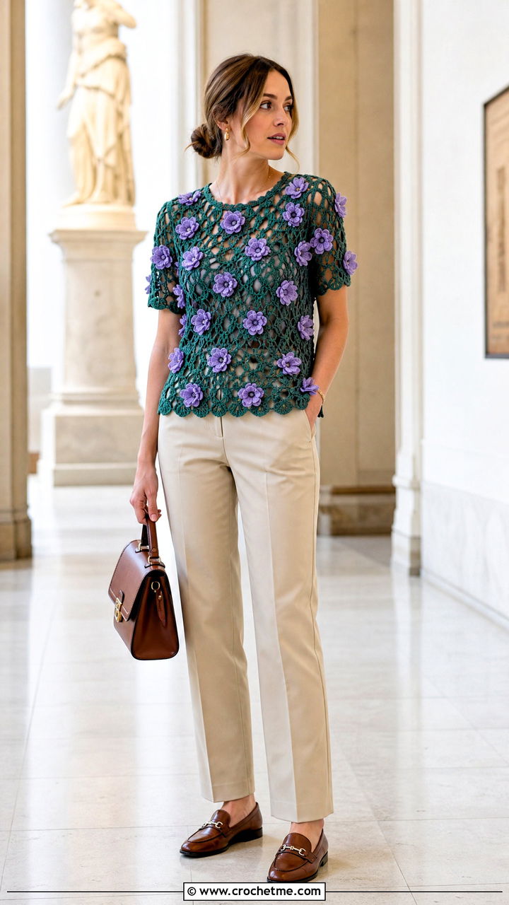 Floral Motif Crochet Top With Chino Pants - 35 aesthetic crochet top outfit ideas