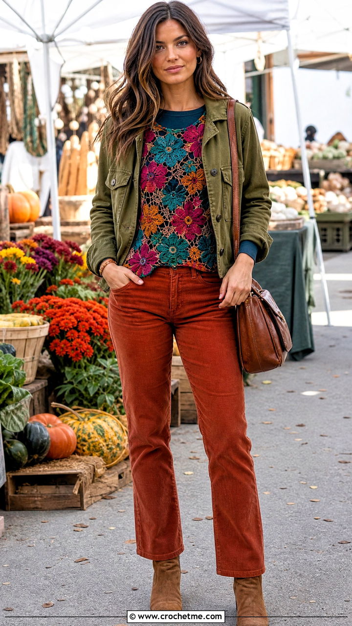 Floral Motif Crochet Top With Corduroy Pants - 35 crochet fall top outfit ideas