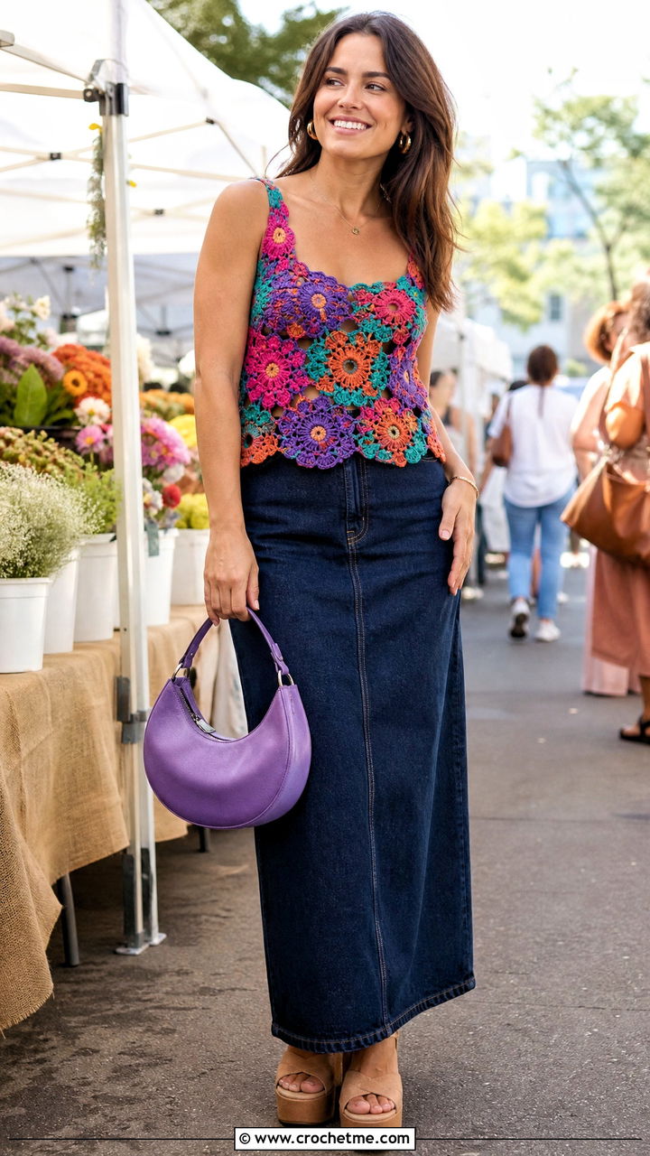 Floral Motif Crochet Top With Denim Maxi Skirt - 35 easy crochet summer tops outfit ideas