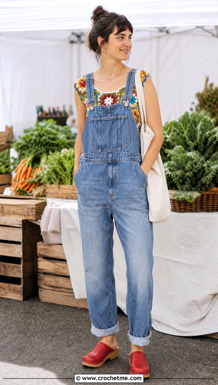 Floral Motif Crochet Top With Denim Overalls - 25 vintage crochet top outfit ideas
