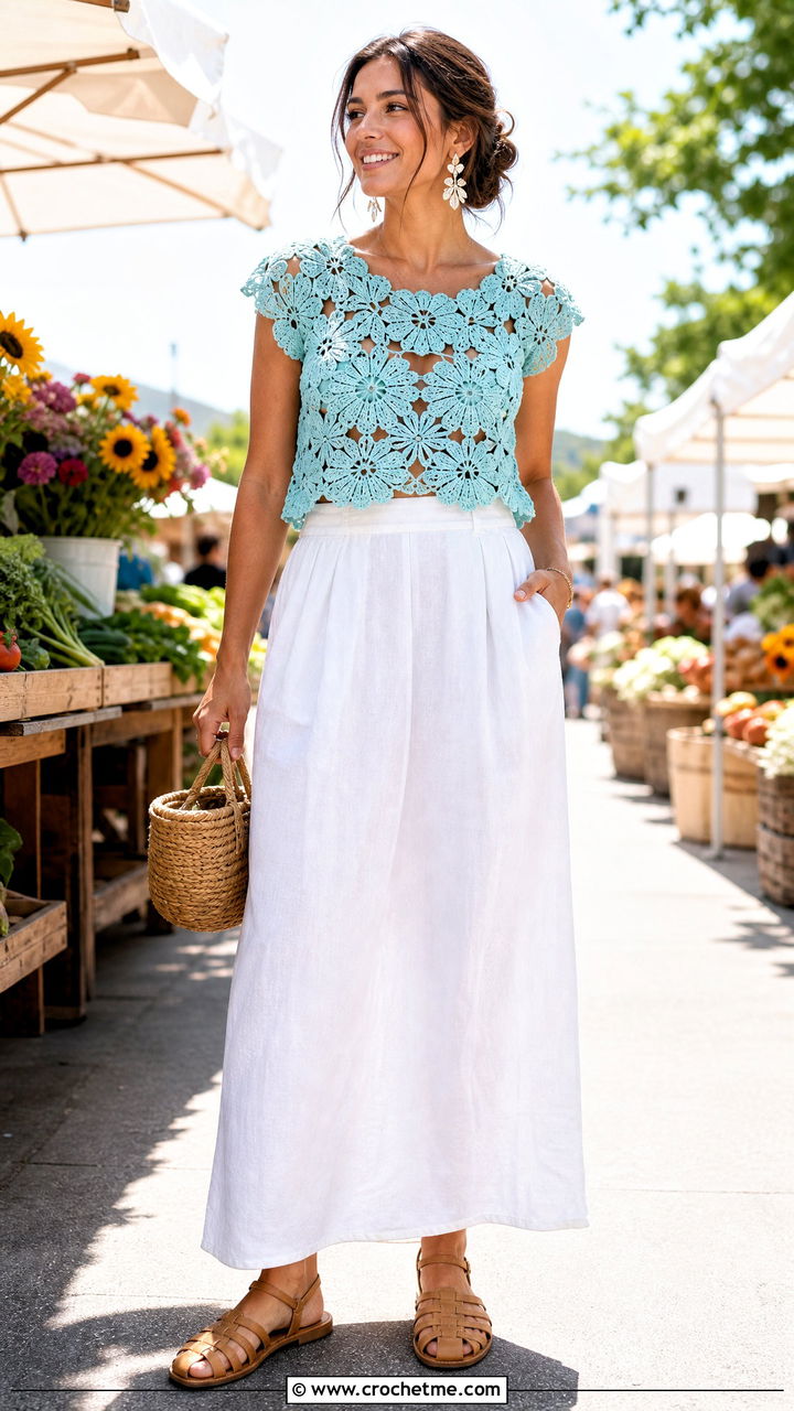 Floral Motif Crochet Top With Linen Maxi Skirt - 35 boho crochet top outfit ideas