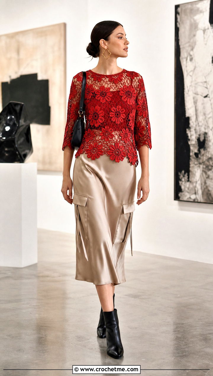 Floral Motif Crochet Top With Satin Cargo Skirt - 20 Crochet Holey Top outfit ideas