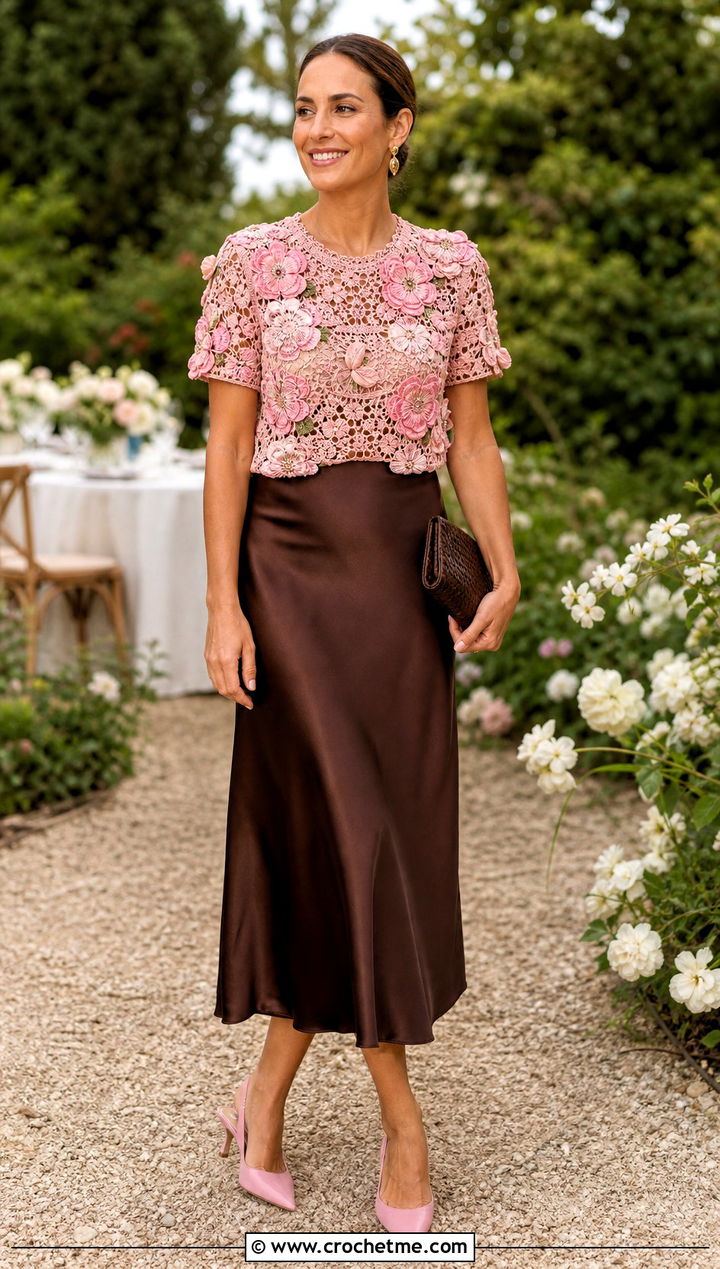 Floral Motif Crochet Top With Satin Skirt - 30 crochet short sleeve top outfit ideas