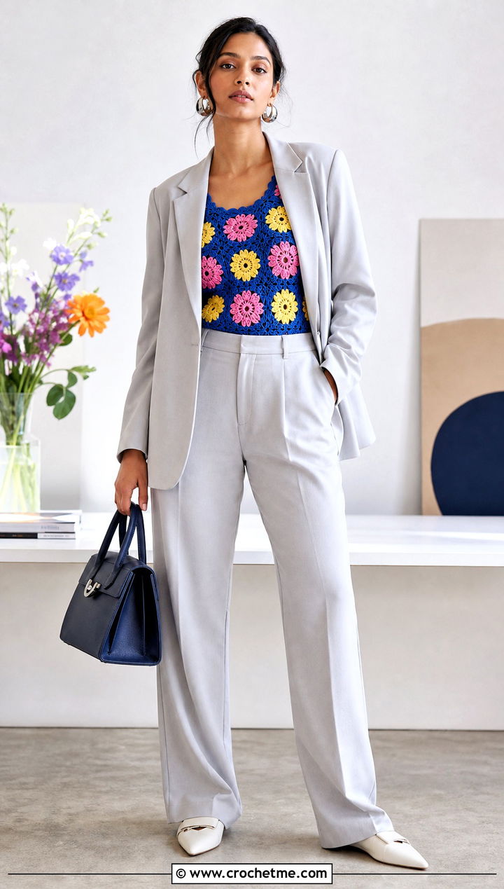 Floral Motif Crochet Top With Tailored Suit - 25 easy crochet summer tops for beginners outfit ideas