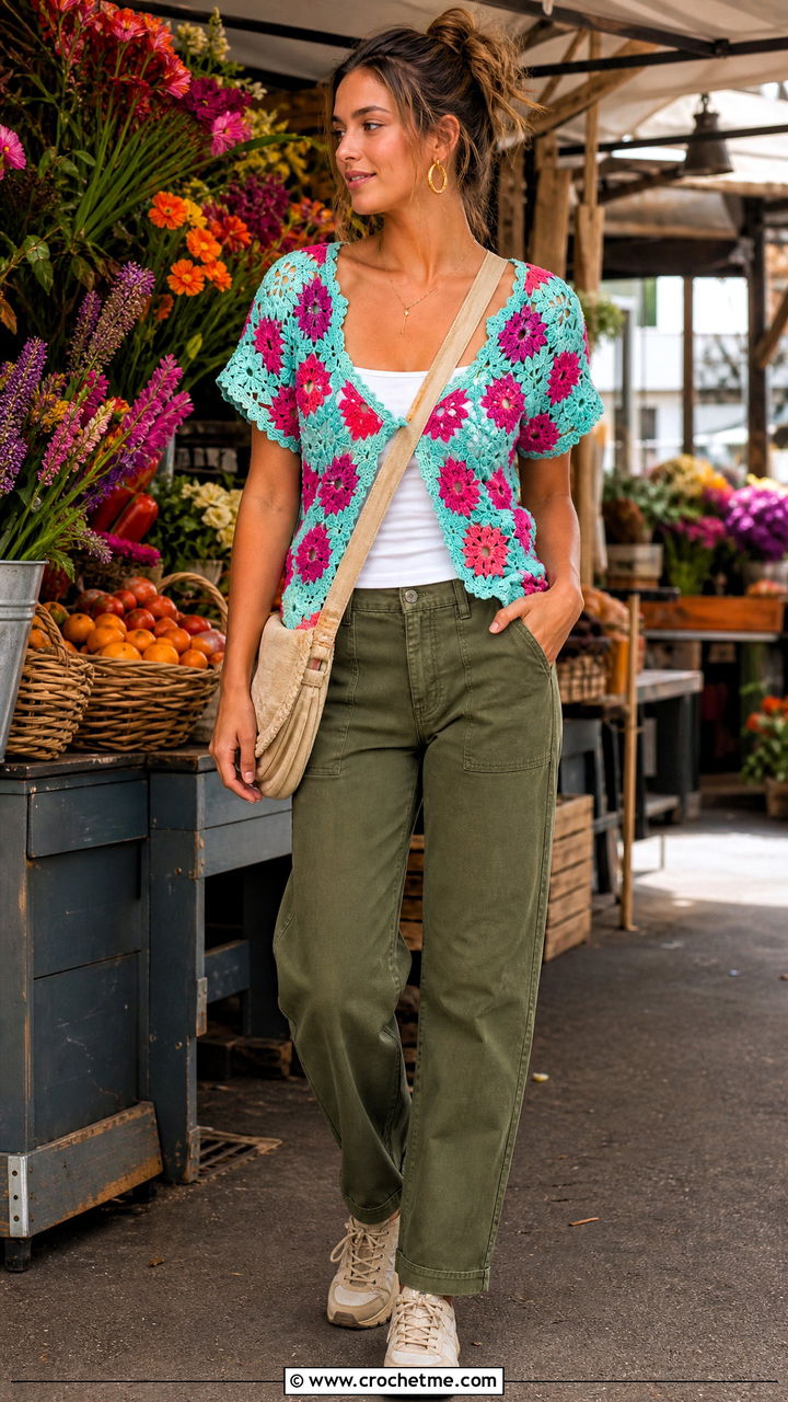Floral Motif Crochet Top With Utility Pants - 35 aesthetic crochet tops outfit ideas
