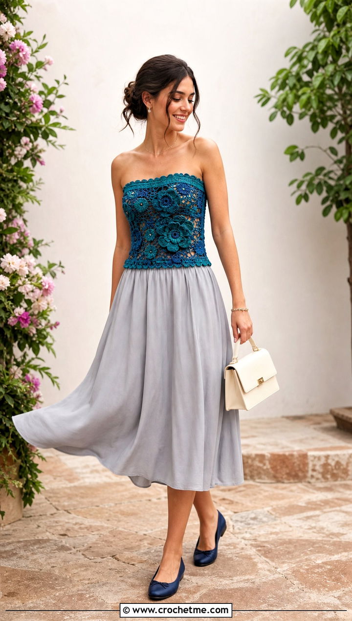 Floral Motif Crochet Tube Top With Midi Skirt - 35 crochet tube tops outfit ideas