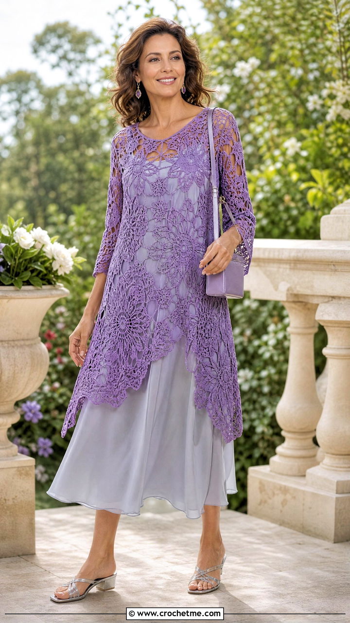 Floral Motif Crochet Tunic With Slip Dress - 35 crochet tunic outfit ideas