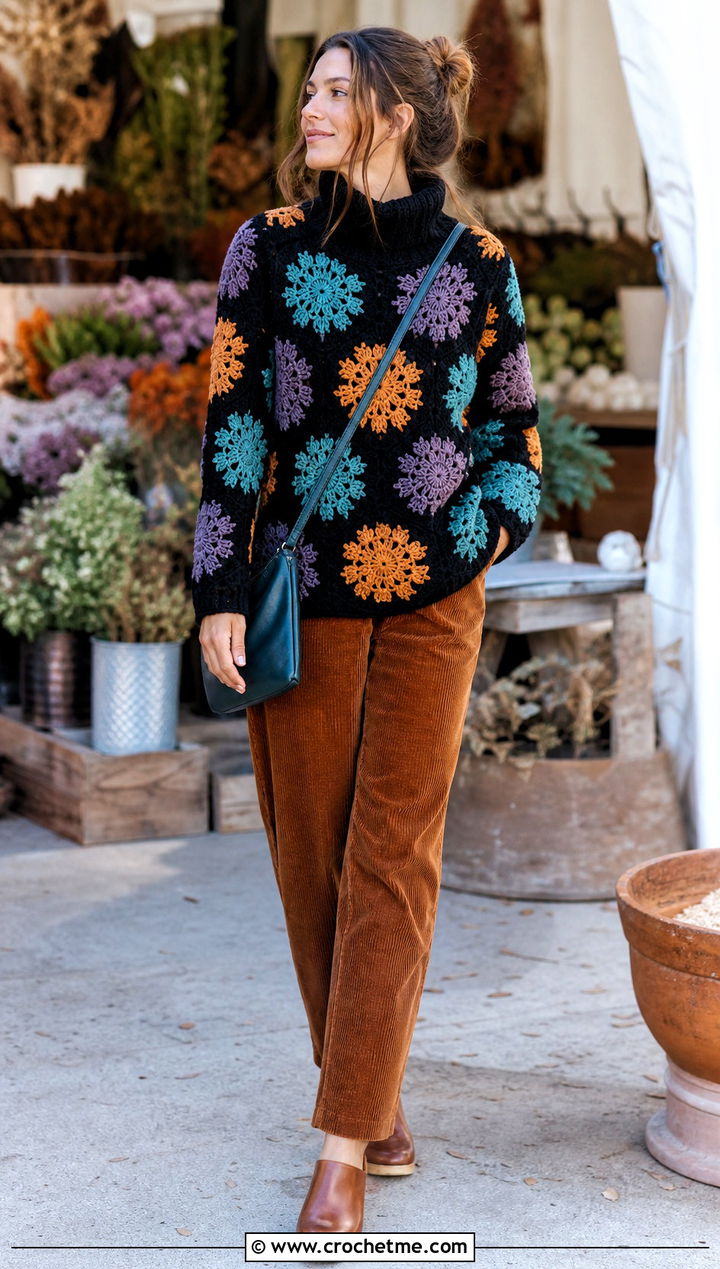 Floral Motif Crochet Turtle Neck Sweater With Corduroy Pants - 35 crochet turtle neck sweater outfit ideas