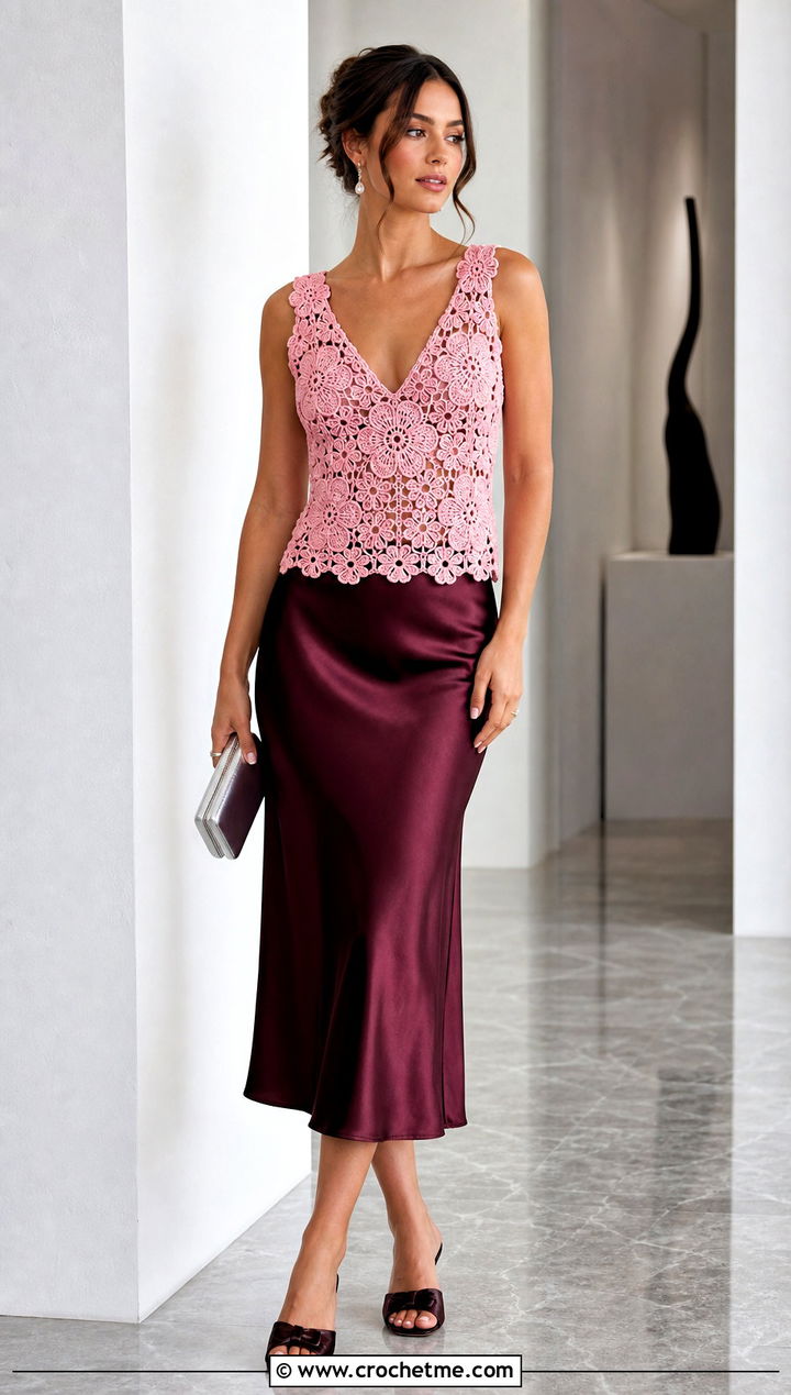 Floral Motif Crochet V Neck Tank Top With Satin Skirt - 25 crochet v neck tank top outfit ideas