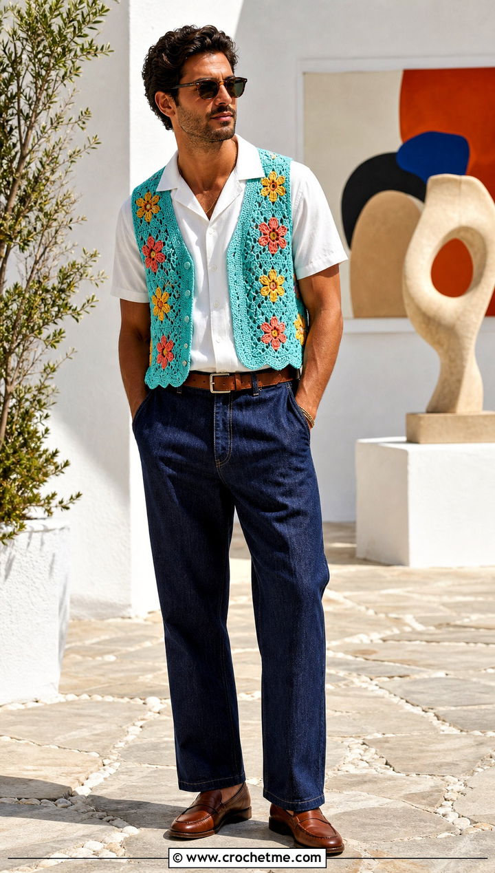 Floral Motif Crochet Vest With Cuban Collar Shirt And Jeans - 30 mens crochet vest outfit ideas