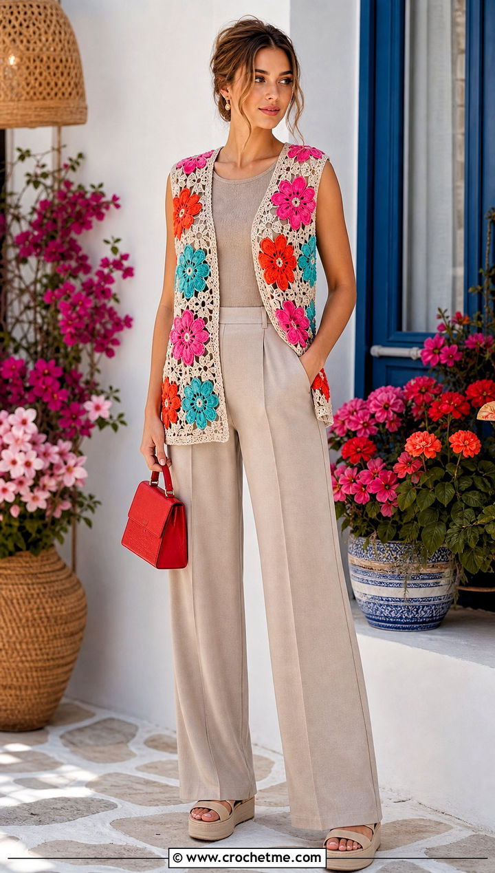Floral Motif Crochet Vest With Monochrome Separates - 35 crochet vest outfits for women outfit ideas