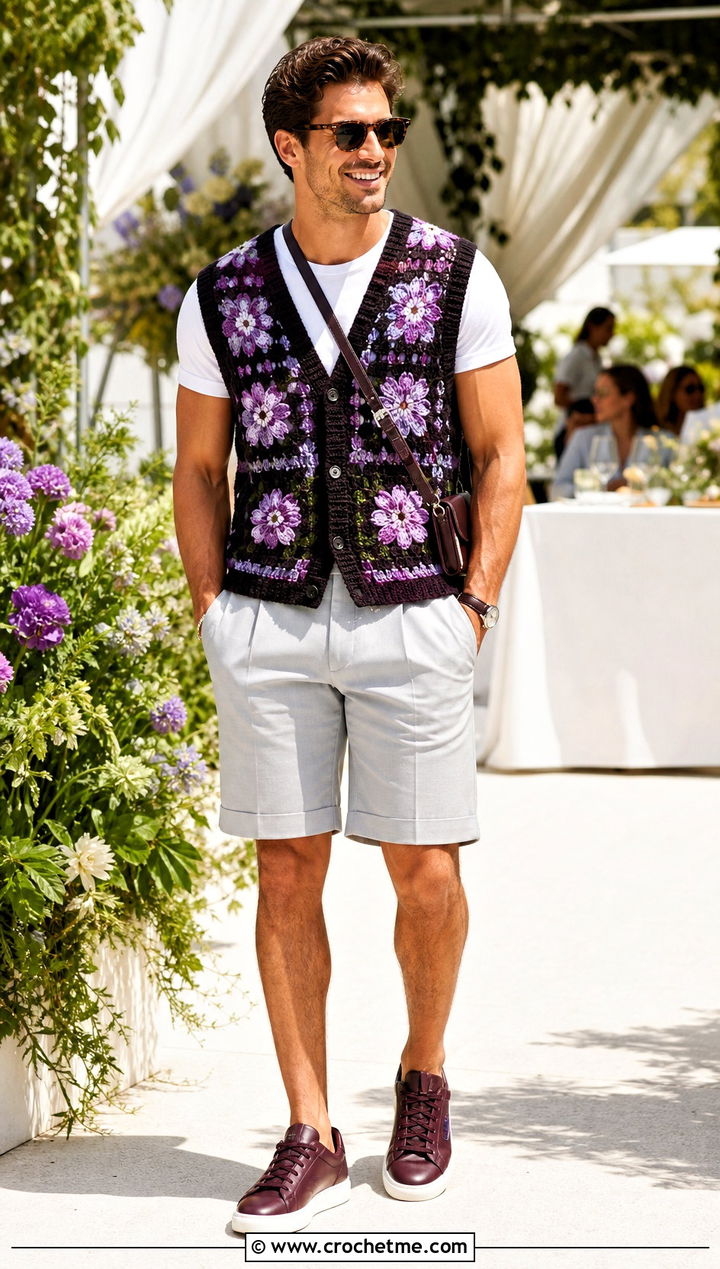 Floral Motif Crochet Vest With Tailored Shorts - 30 men's crochet vest outfit ideas