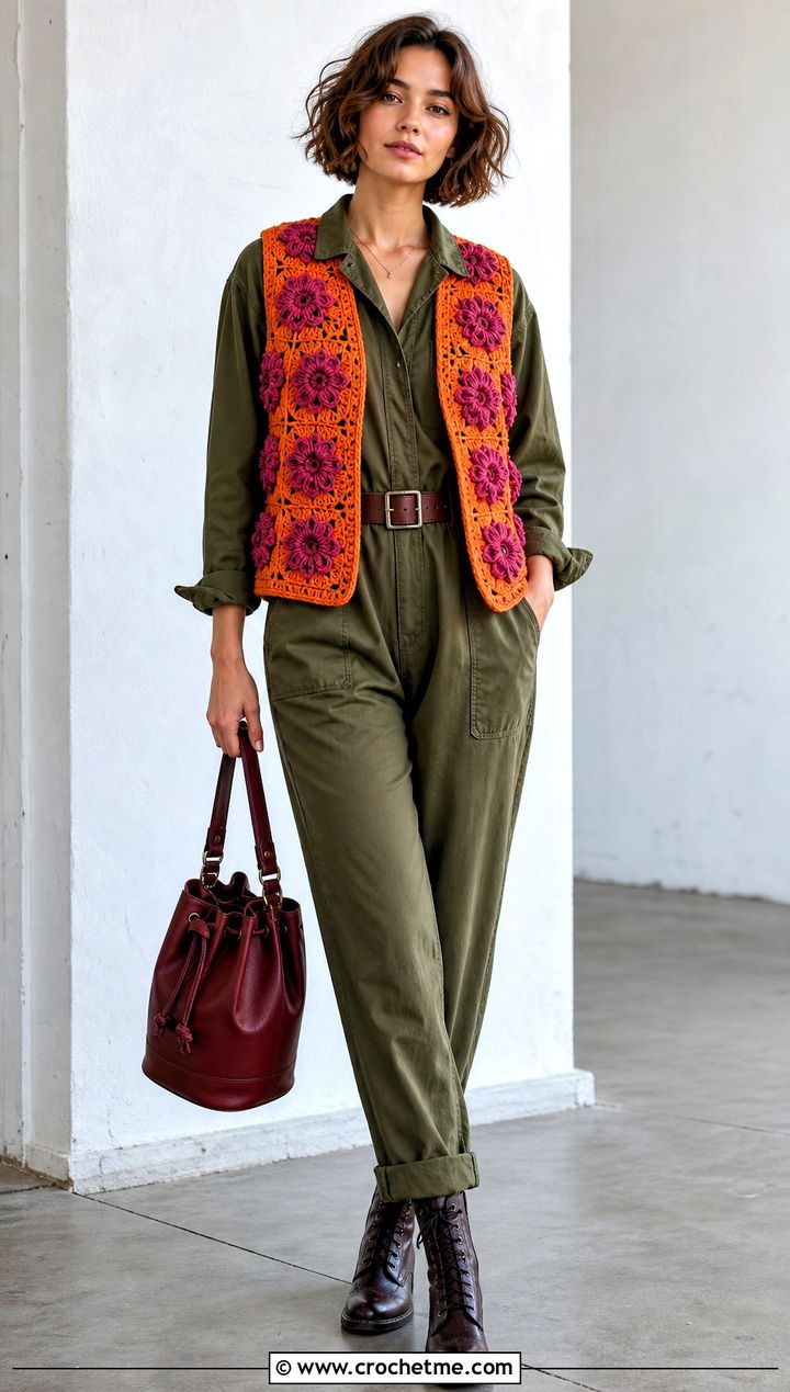 Floral Motif Crochet Vest With Utility Jumpsuit - 15 Crochet Fall Vest outfit ideas