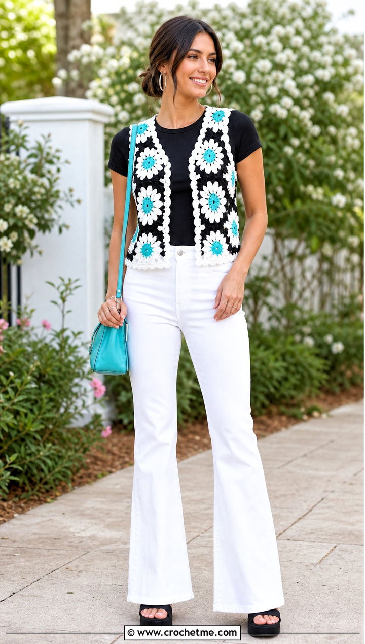 Floral Motif Crochet Vest With White Jeans - 30 black and white crochet vest outfit ideas