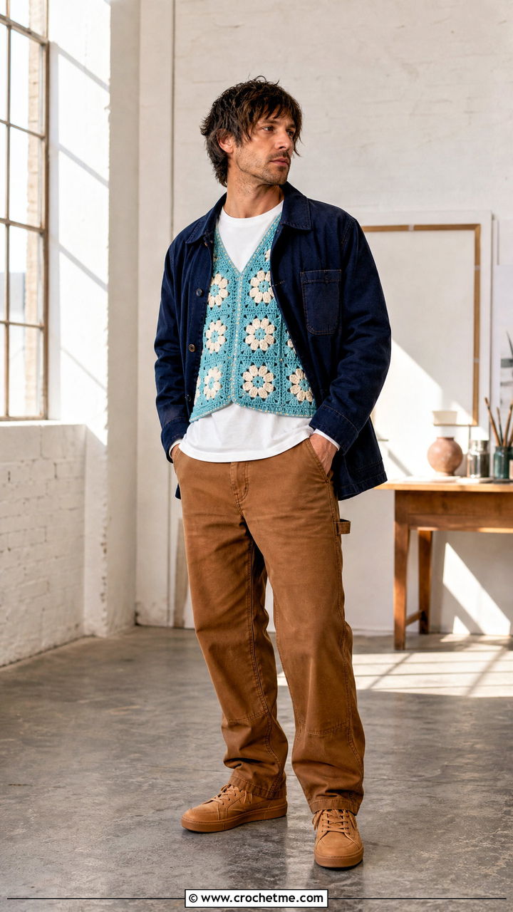Floral Motif Crochet Vest With Workwear Jacket And Carpenter Pants - 35 crochet vest for men outfit ideas