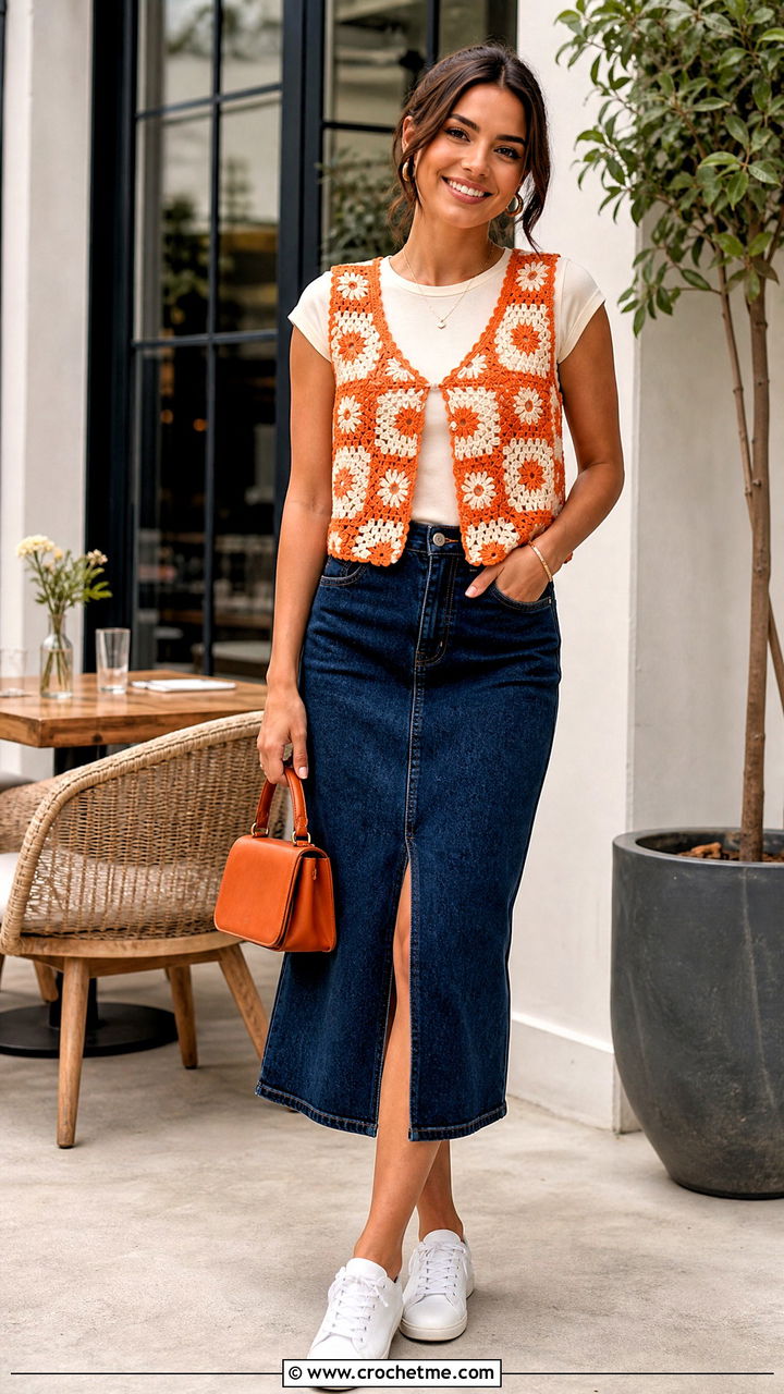 Floral Motif Crochet Vest With a Denim Midi Skirt - 35 crochet vest woman outfit ideas