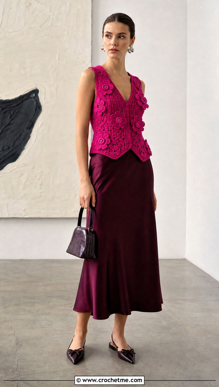 Floral Motif Crochet Waistcoat With Satin Midi Skirt - 15 easy crochet waistcoat outfit ideas