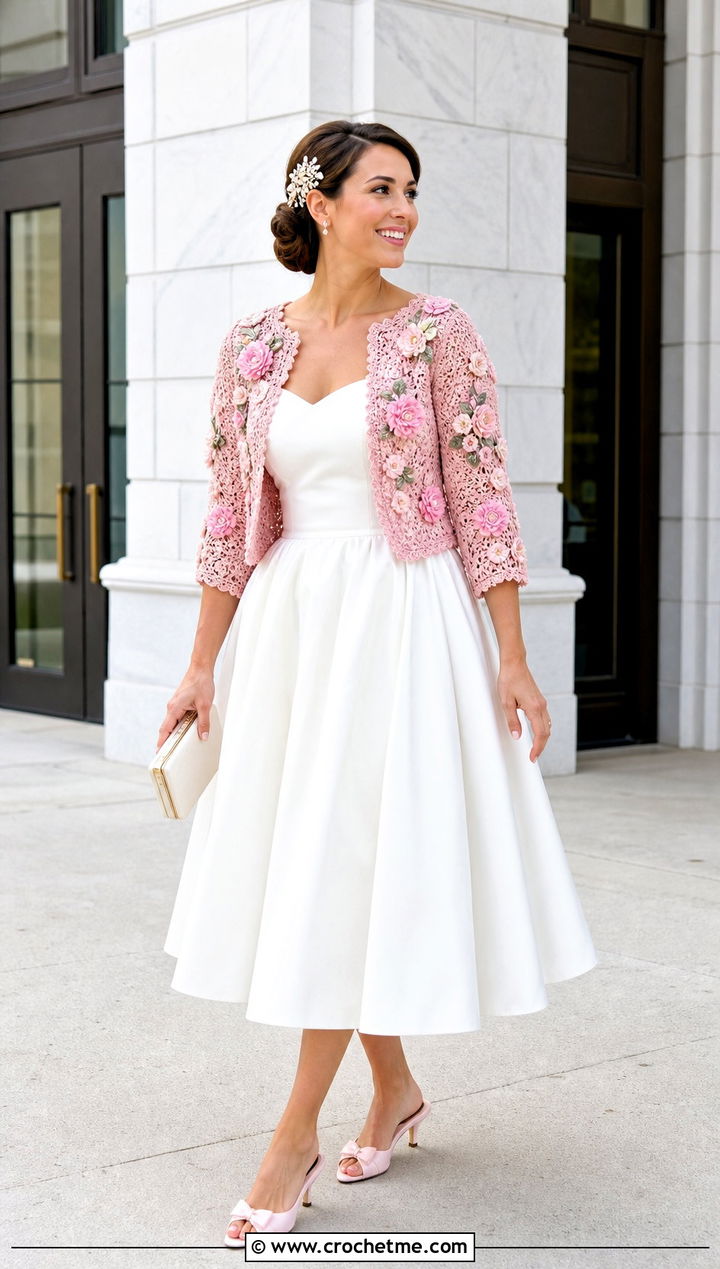 Floral Motif Crochet Wedding Bolero With Tea Length Dress - 25 Crochet Wedding Bolero outfit ideas