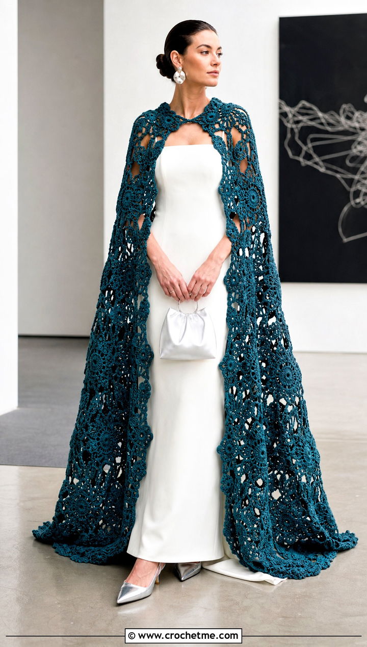 Floral Motif Crochet Wedding Cape With Crepe Column Dress - 25 Crochet Wedding Cape outfit ideas