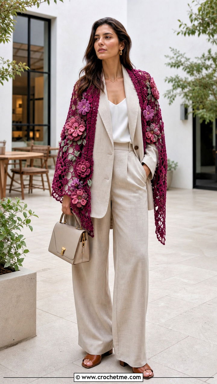Floral Motif Crochet Wrap Shawl With Linen Suit - 35 crochet wrap shawl outfit ideas