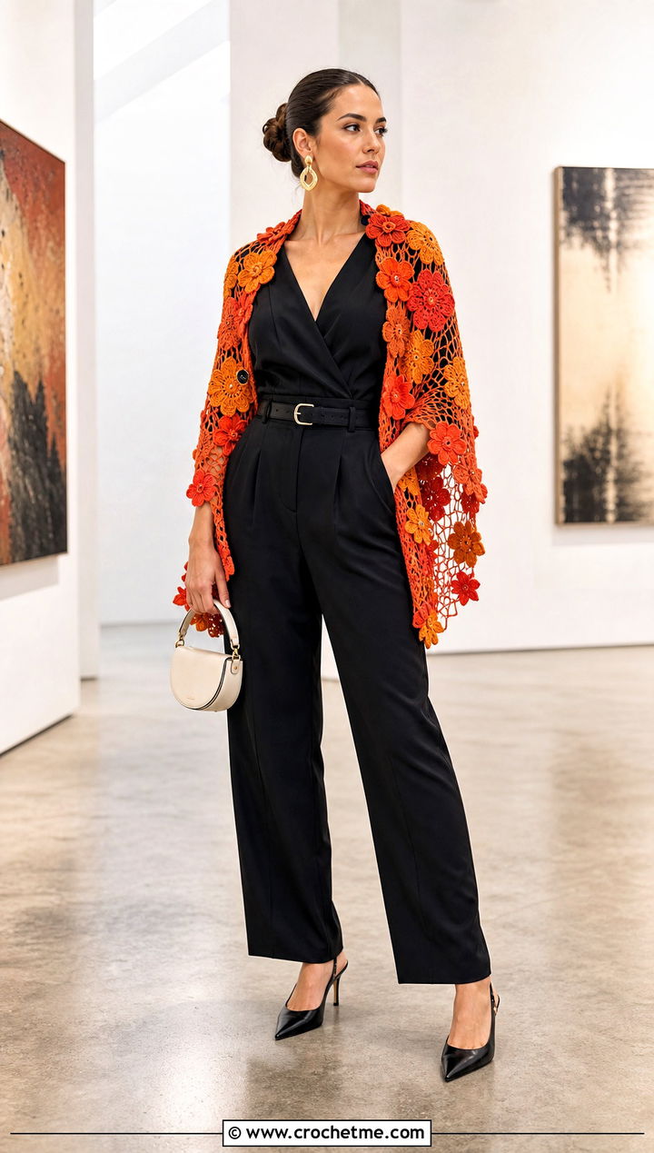 Floral Motif Crochet Wrap With Black Jumpsuit And Heels - 15 Crochet Spring Wrap outfit ideas