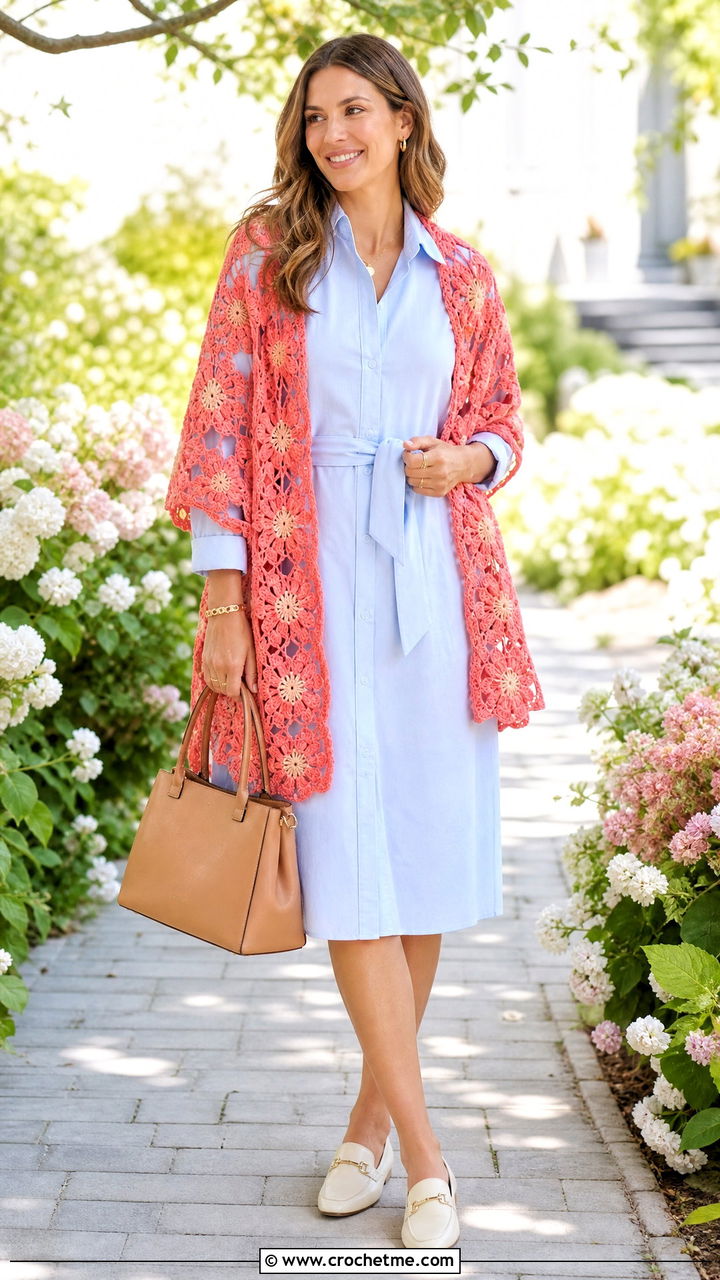 Floral Motif Crochet Wrap With Shirt Dress - 35 crochet wrap outfit ideas