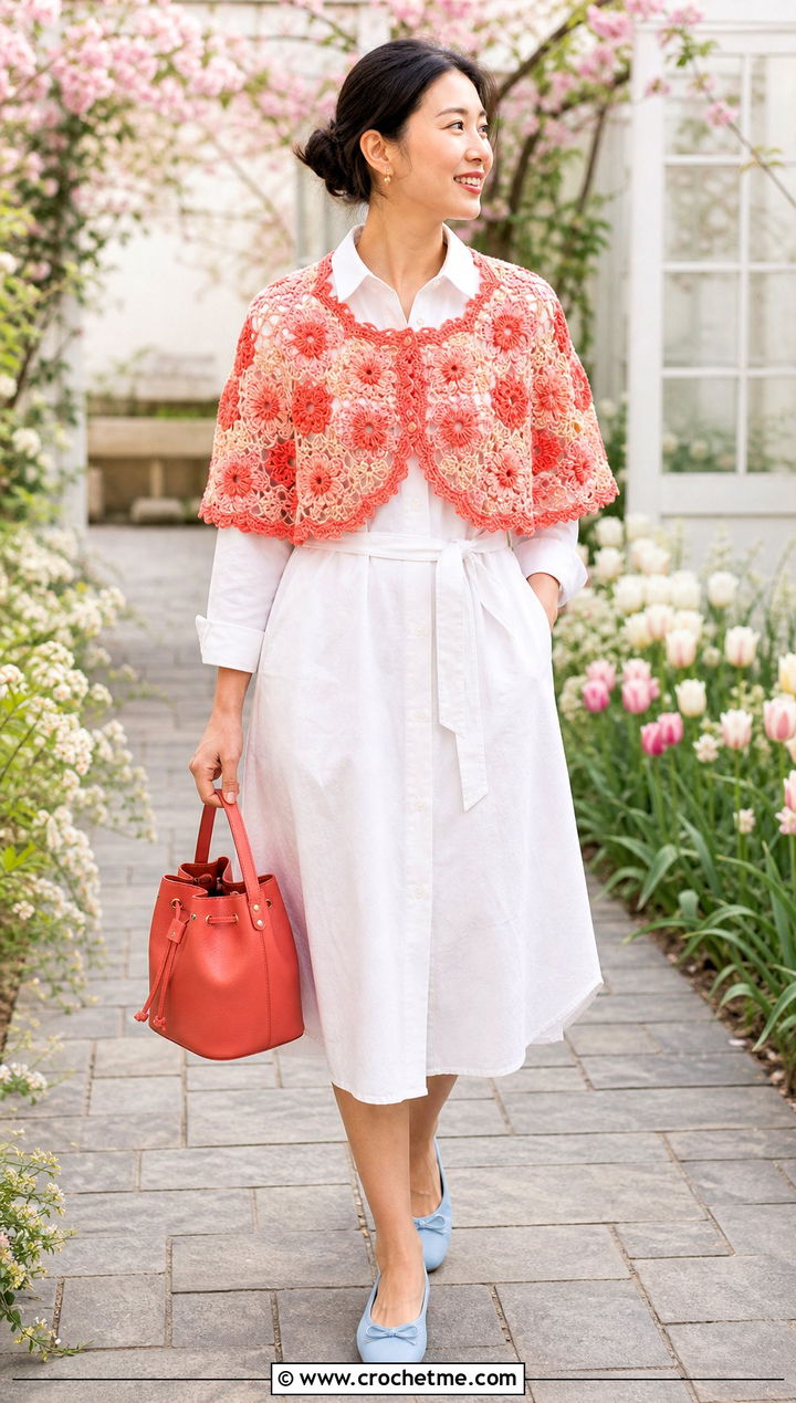 Floral Motif Crocheted Capelet With White Shirt Dress - 25 Crocheted Capelet outfit ideas