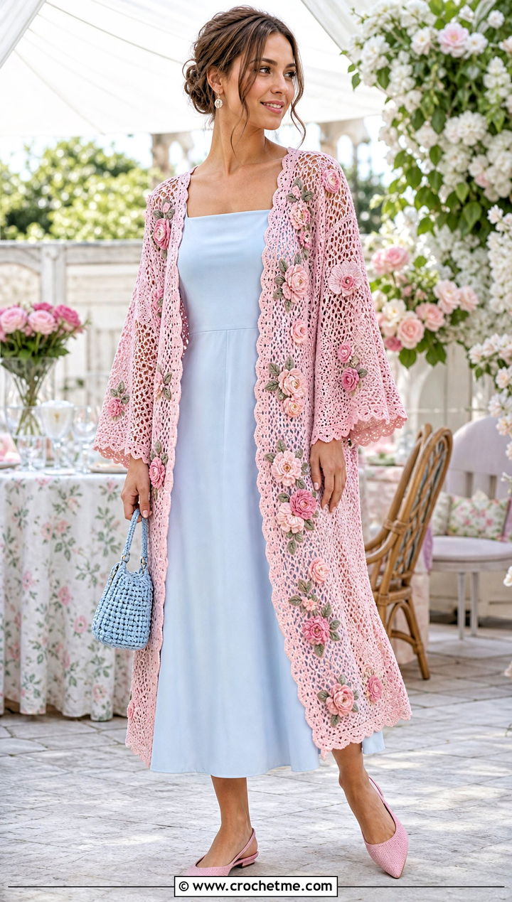 Floral Motif Crocheted Kimono With Midi Dress - 25 Crocheted Kimono outfit ideas