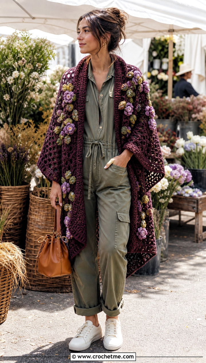 Floral Motif Crocheted Ruana With Utility Jumpsuit - 20 Crocheted Ruana outfit ideas