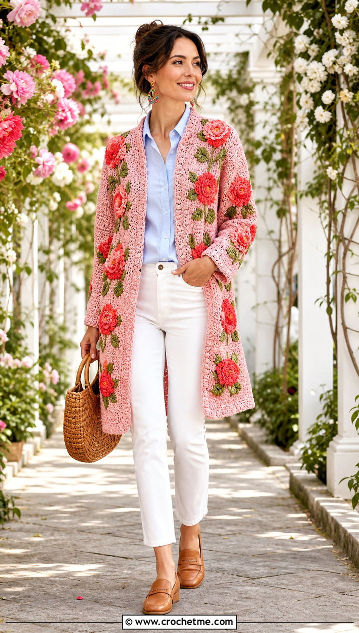 Floral Motif Crocheted Sweater Coat With White Jeans - 15 colorful crocheted sweater coat outfit ideas