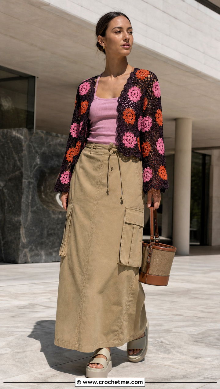 Floral Motif Crop Crochet Sweater With Utility Maxi Skirt - 15 hollow out crop crochet sweater outfit ideas