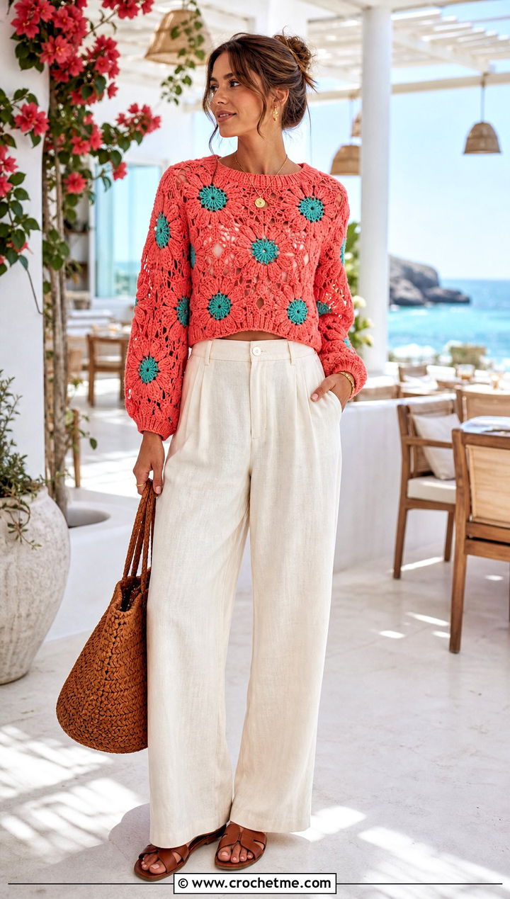 Floral Motif Cropped Sweater With Linen Trousers - 30 crocheted cropped sweater outfit ideas