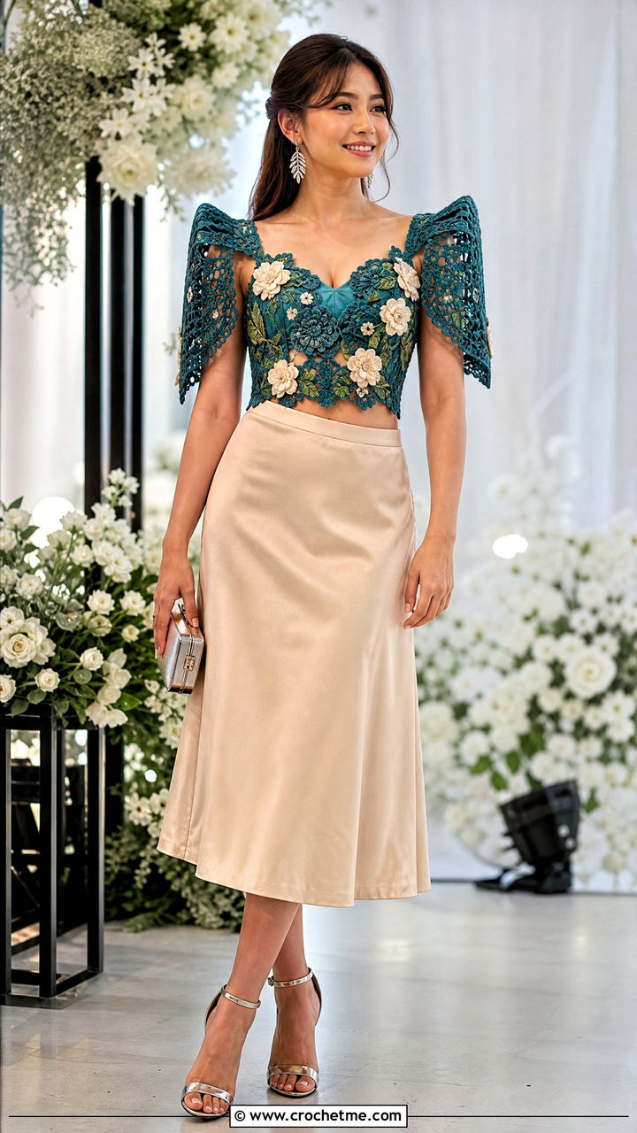 Floral Motif Cropped Terno Crochet Top With Satin Midi Skirt - 35 crochet filipiniana top outfit ideas