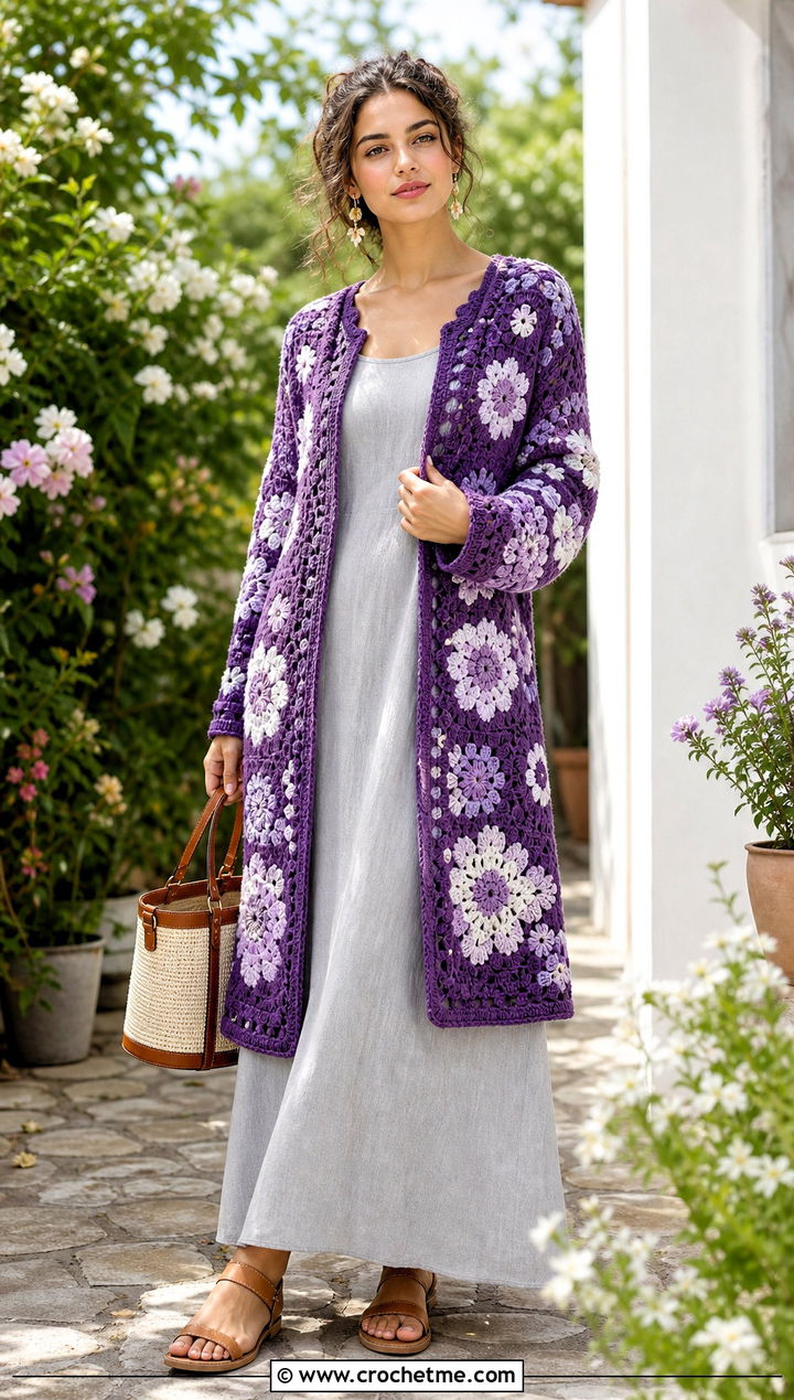 Floral Motif Grandpa Crochet Cardigan With Cotton Maxi Dress - 20 grandpa crochet cardigan outfit ideas