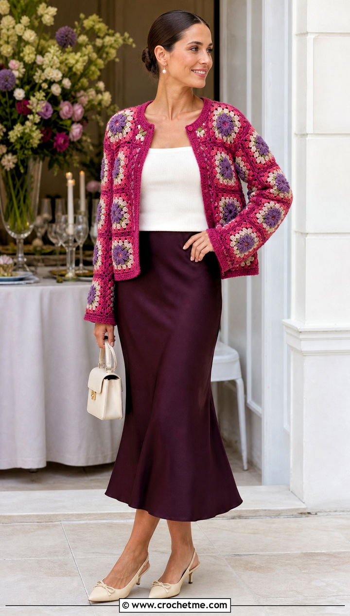 Floral Motif Granny Square Cardigan With Slip Skirt - 25 Two Granny Square Cardigan outfit ideas
