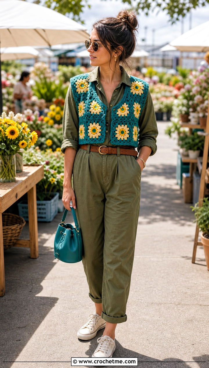 Floral Motif Granny Square Crochet Vest With Utility Jumpsuit - 25 Granny Square Crochet Vest outfit ideas