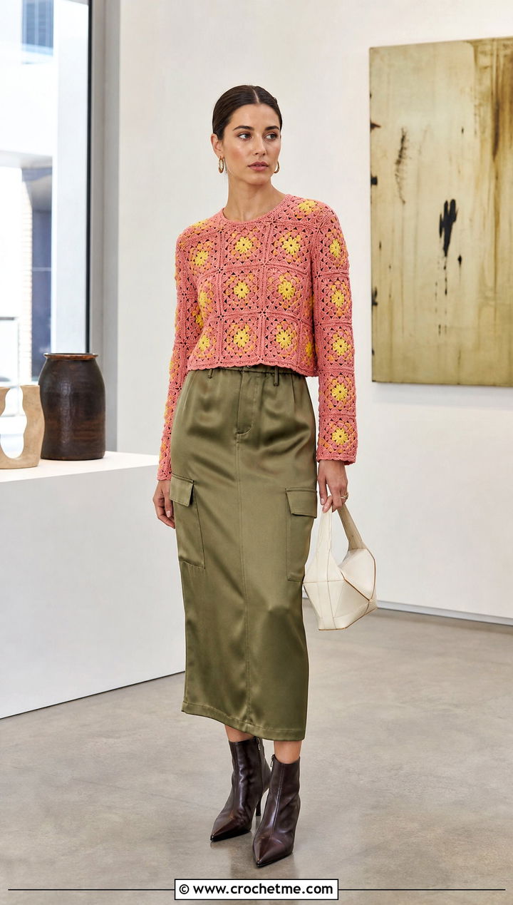 Floral Motif Granny Square Long Sleeve Top With Satin Cargo Skirt - 20 Granny Square Long Sleeve Top outfit ideas