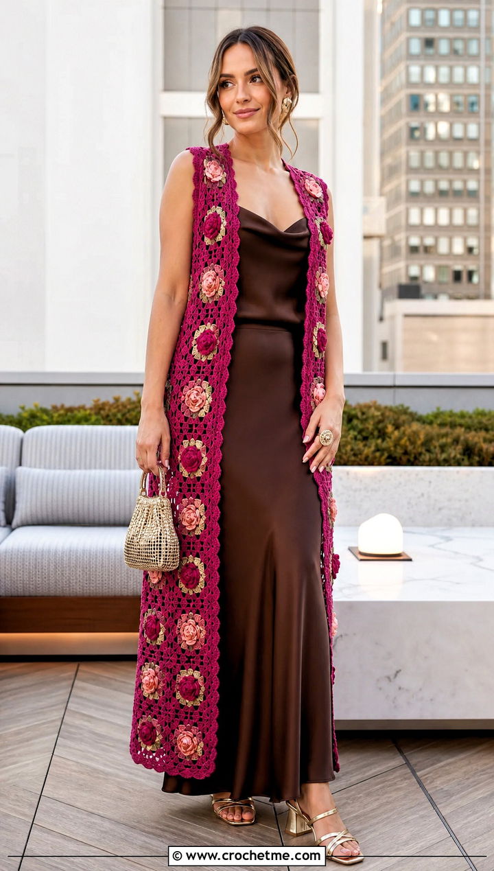 Floral Motif Granny Square Long Vest With Satin Skirt And Camisole - 20 Granny Square Long Vest outfit ideas