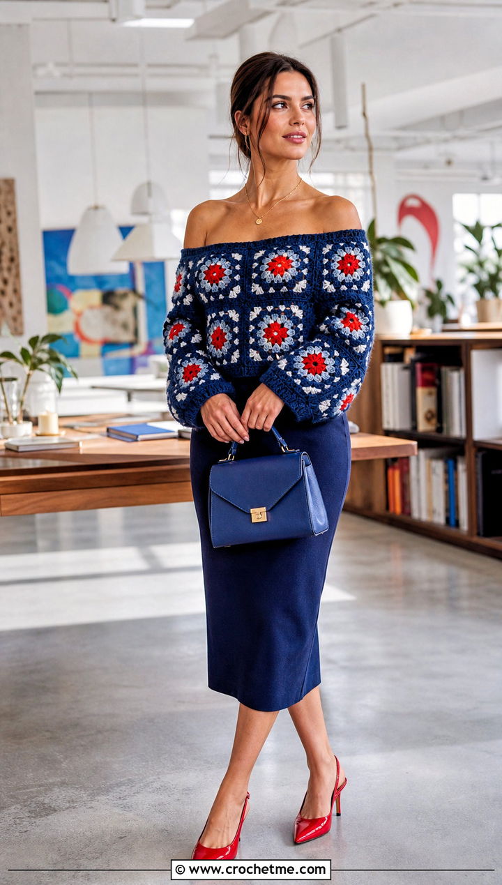 Floral Motif Granny Square Off The Shoulder Sweater With Pencil Skirt - 20 granny square off the shoulder sweater outfit ideas