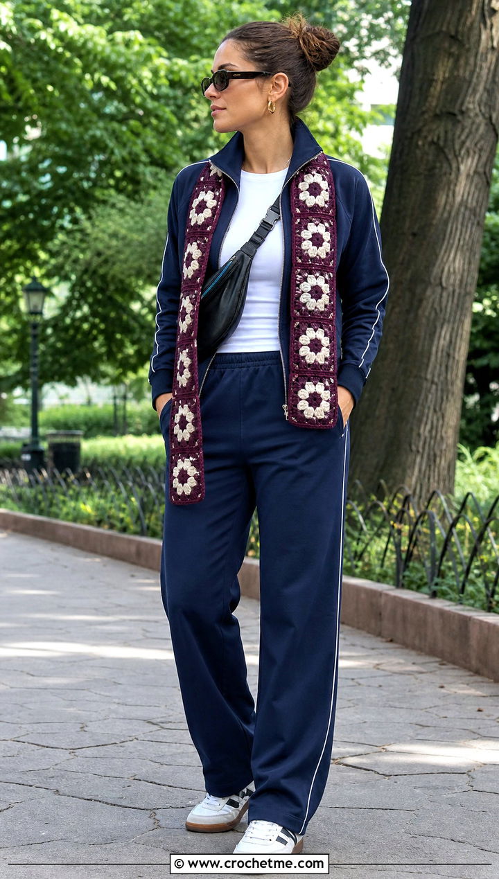 Floral Motif Granny Square Scarf With Tracksuit And Retro Sneakers - 35 granny square crochet scarf outfit ideas