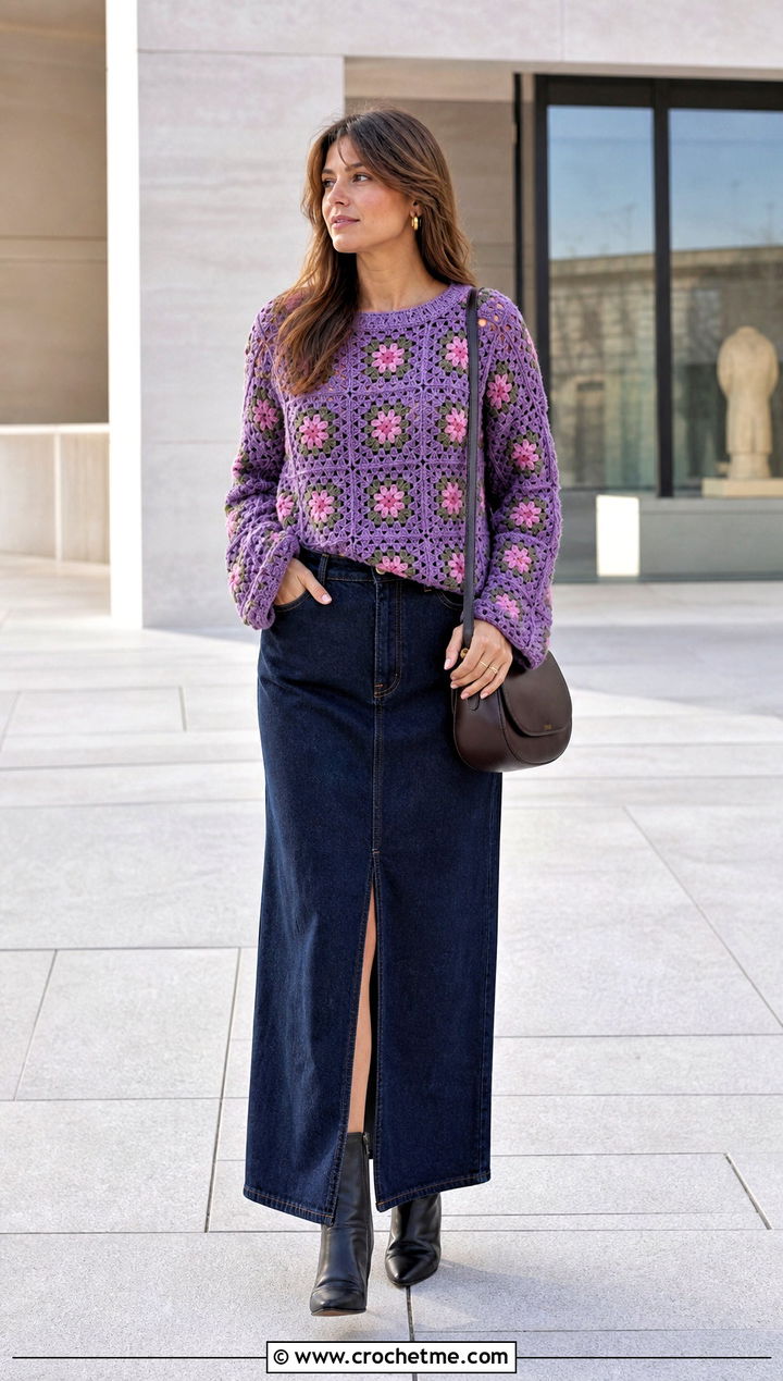 Floral Motif Granny Square Sweater With Denim Maxi Skirt - 25 Fall Granny Square Sweater outfit ideas