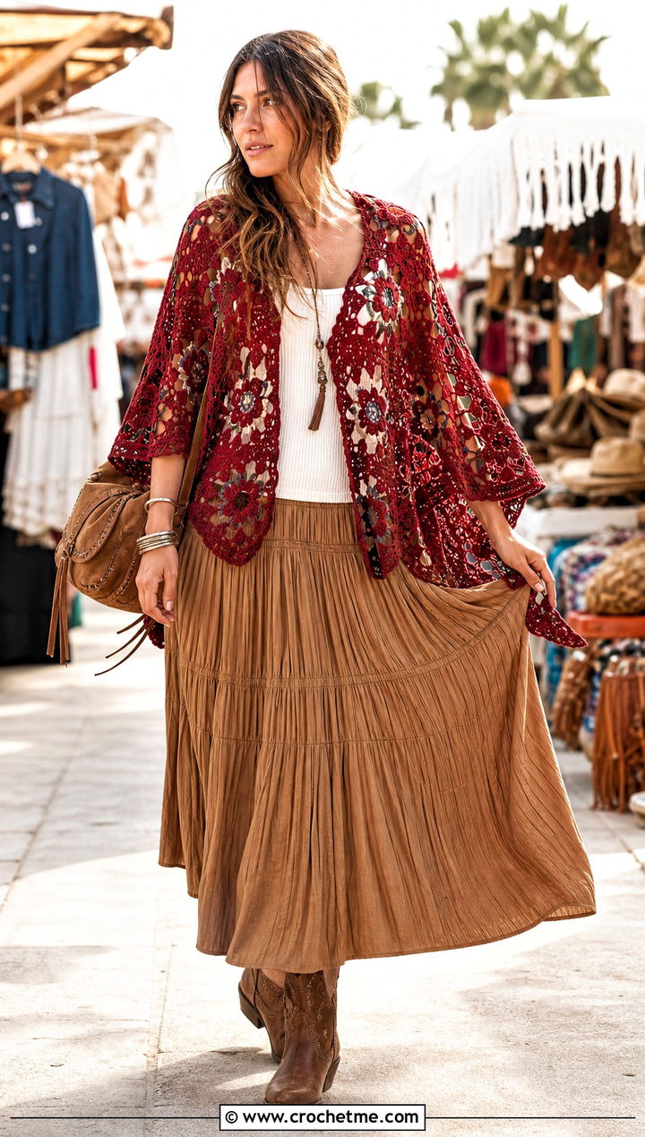 Floral Motif Half Circle Crochet Shawl With Maxi Skirt - 15 Half Circle Crochet Shawl outfit ideas