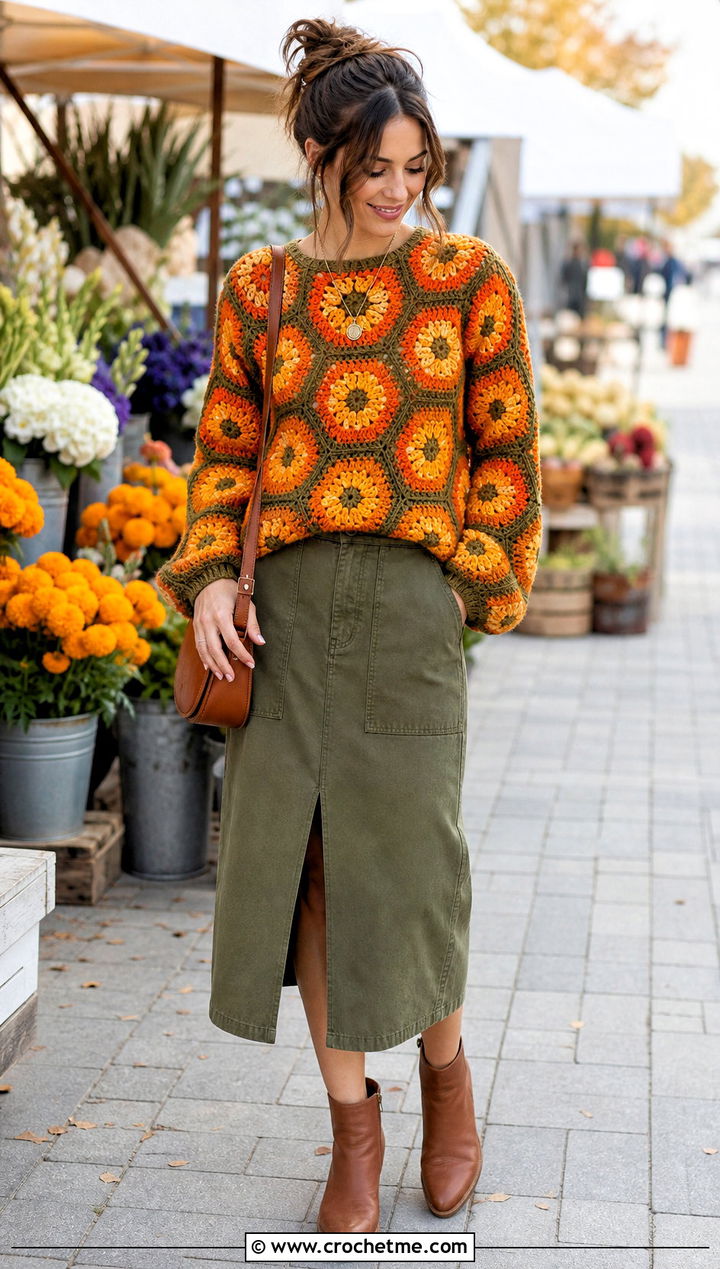 Floral Motif Hexagon Jumper With Utility Skirt - 30 crochet hexagon jumper outfit ideas