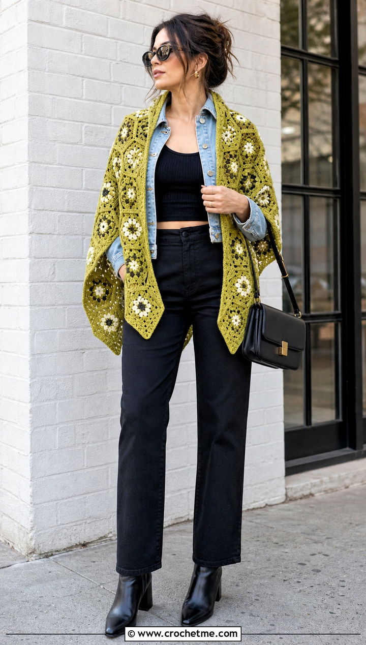 Floral Motif Hexagon Shawl With Denim Jacket - 20 Crochet Hexagon Shawl outfit ideas